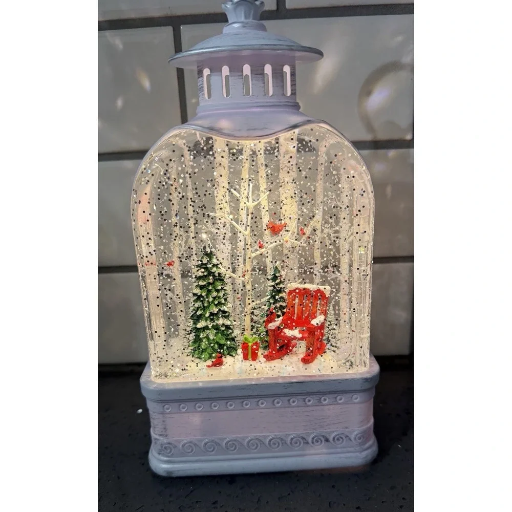 NEW White Lighted Water SNow Globe Lantern Cardinals LED Christmas Holiday Decor